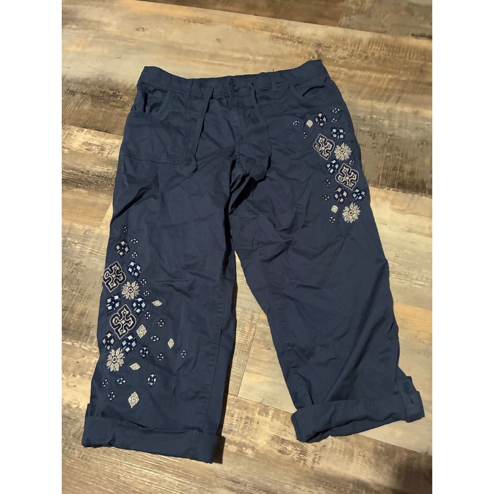 Style & Co Womens Navy Embroidered Crop Cargo Pants Size 12 Drawstring Capris